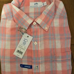Southern Tide Men's Coral and Blue Plaid Shirt